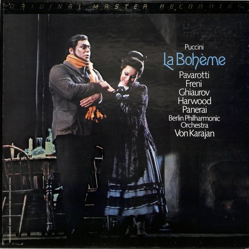 Puccini's La Bohème featuring Pavarotti and Freni album cover.