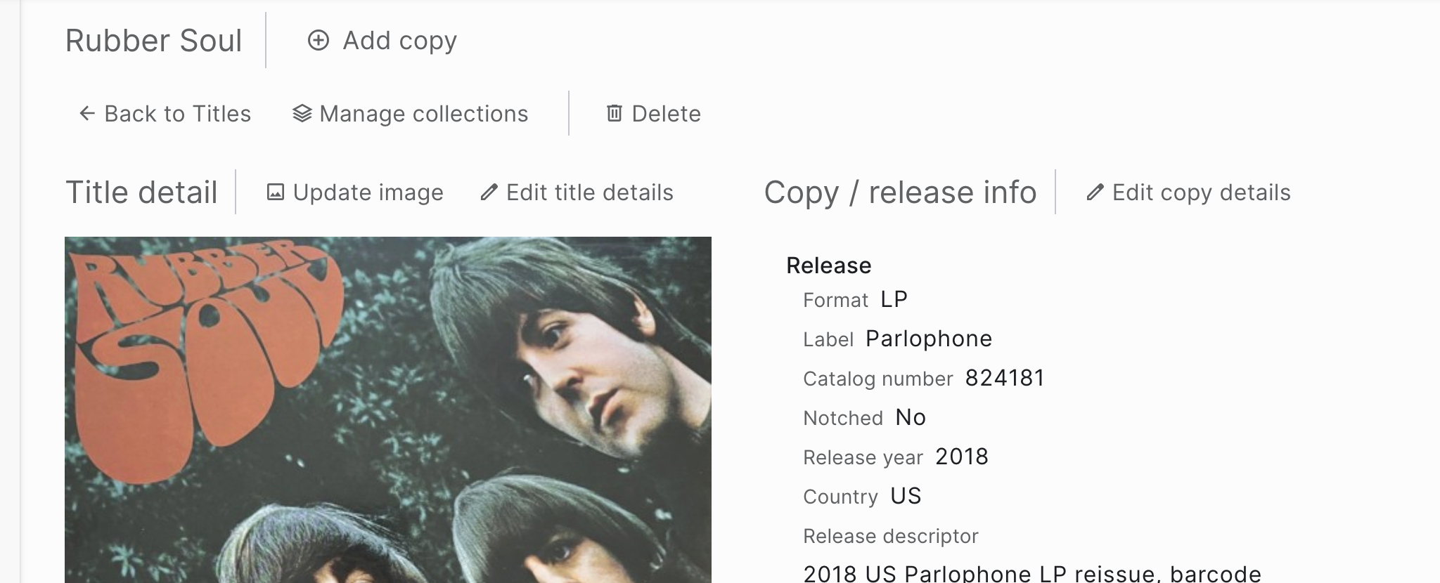 Sides desktop Title detail for Rubber Soul with artwork, edit controls, and Copy release information.